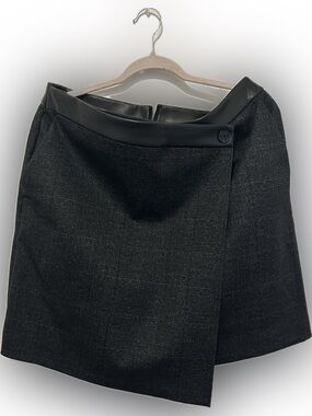 Black Faux-Leather Trim A-Line Skirt